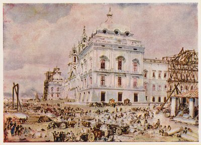 Byggandet av palats-klostret i Mafra, Portugal (färglitografi) av Alfredo Roque Gameiro