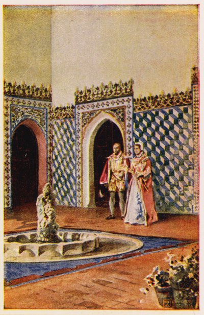 Morisk arkitektur i palatset i Sintra, Portugal (färglitografi) av Alfredo Roque Gameiro