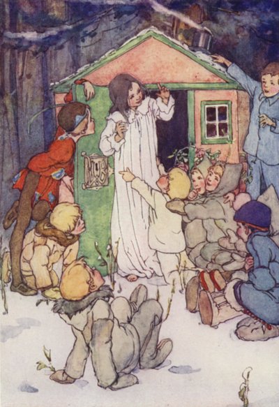 The Lost Boys knäböjde framför henne (färg litho) av Alice Bolingbroke (after) Woodward