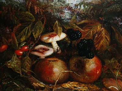 Stilleben med svamp, äpplen och björnbär av Alice M Wilson