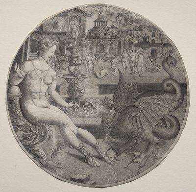 Naken kvinna och en drake, 1523. av Allaert Claesz
