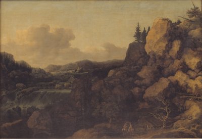 Bergslandskap med ett par ryttare i förgrunden av Allaert van Everdingen