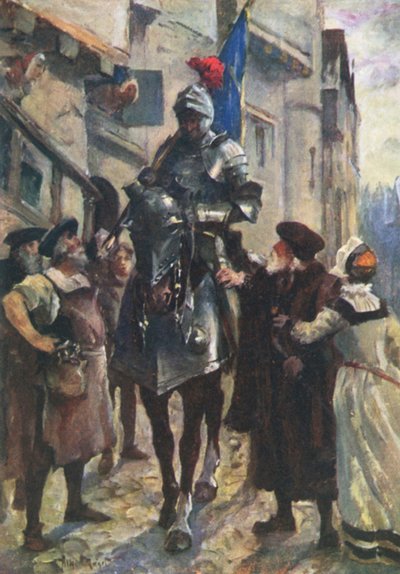 En budbärare från Flodden som för med sig de dåliga nyheterna till Edinburgh (litho i färg) av Allan (after) Stewart