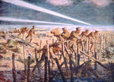 Brittiska soldater skär tyska taggtrådsförsvar på natten på västfronten (färg litho) av Allan (after) Stewart
