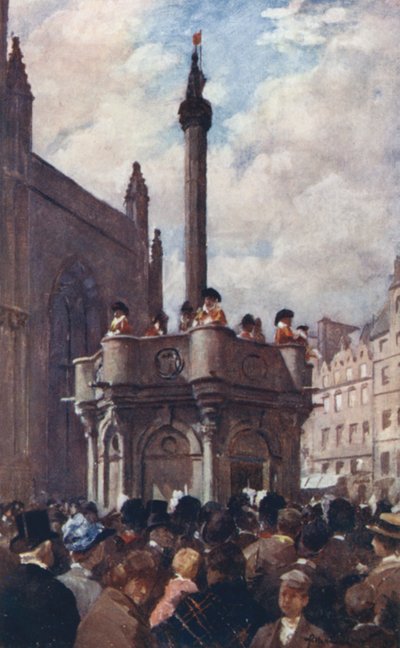 En kunglig proklamation från Mercat Cross (färg litho) av Allan Stewart