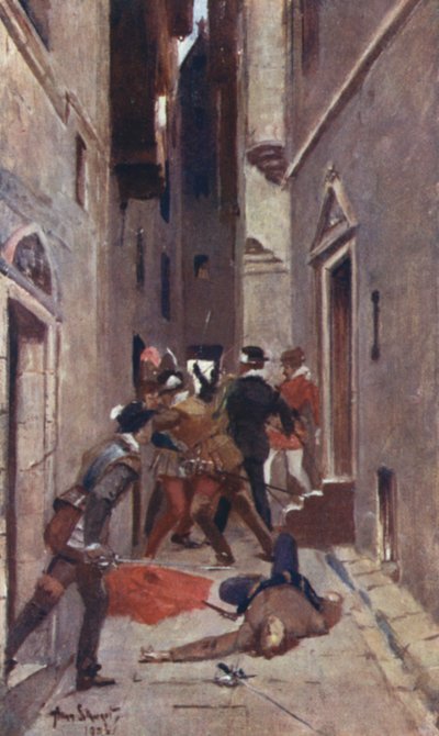 En "Tulzie" i High Street (färg litho) av Allan Stewart