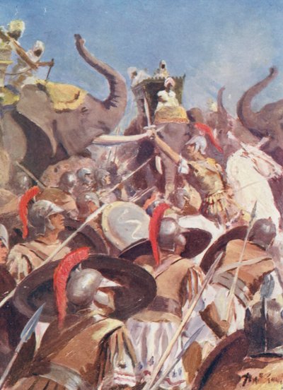 Alexanders strid mot Porus vid Jhelum (färglitografi) av Allan Stewart