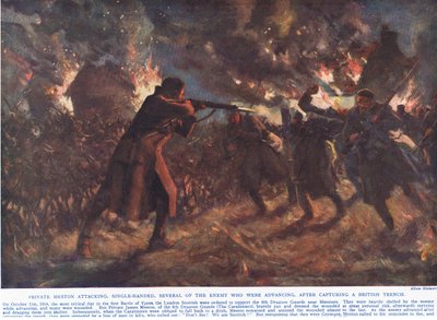 Menig Meston attackerade, på egen hand, flera av fienden som var på frammarsch, efter att ha erövrat en brittisk skyttegrav, illustration från 