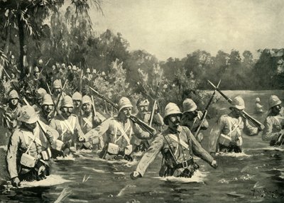 "Slaget vid Modder River - Argyll och Sutherland Highlanders Crossing the Drift", 1900. av Allan Stewart