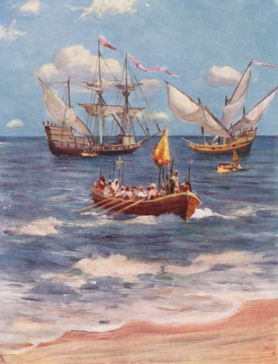 Vasco da Gama landar vid Kalicut (färglitografi) av Allan Stewart