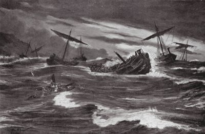 Xerxes flotta i Kasthanebukten (litografi) av Allan Stewart