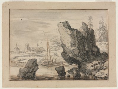 En klippig vik med fiskebåtar av Allart van Everdingen