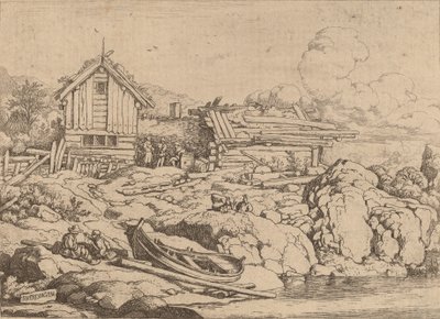 Båt vid en flodstrand med tre getter, förmodligen ca. 16451656. av Allart van Everdingen