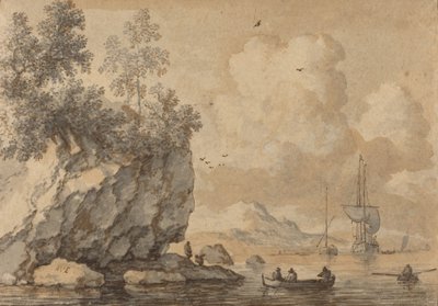 Figurer i roddbåtar i en stenig vik, segelfartyg bortom. av Allart van Everdingen