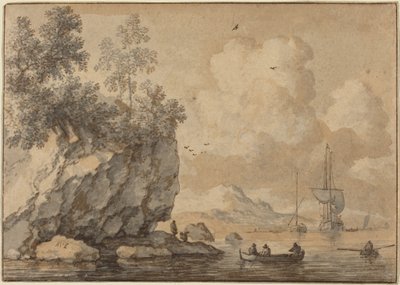 Figurer i roddbåtar i en klippig vik, segelfartyg i fjärran av Allart van Everdingen
