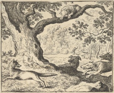 Efter Renards falska berättelse jagas hans far av jakthundar från Hendrick van ..., 1650-75. av Allart van Everdingen