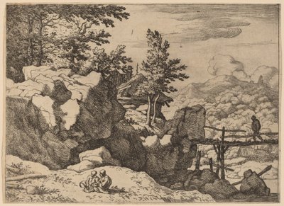Man på en liten träbro, förmodligen ca. 16451656. av Allart van Everdingen