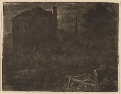 Nattlandskap med hus- och kyrkspira, troligen ca. 1660. av Allart van Everdingen