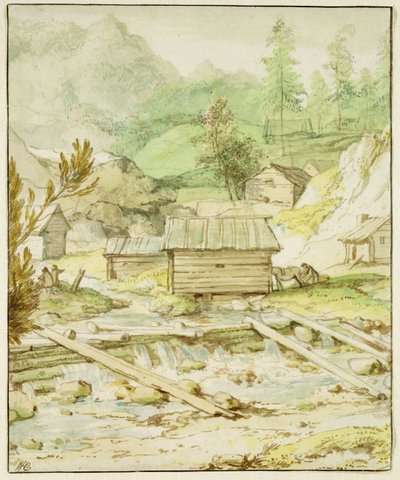 Nordiskt landskap med träkoja och dam (penna, pensel och wc på papper) av Allart van Everdingen