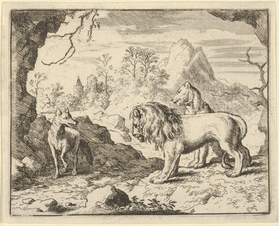 Renard övertygar lejonet och lejoninnan om att hitta en skatt som hans far stal från dem ..., 1650-75. av Allart van Everdingen