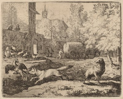 Reynard försöker stjäla en tupp, förmodligen ca. 16451656. av Allart van Everdingen
