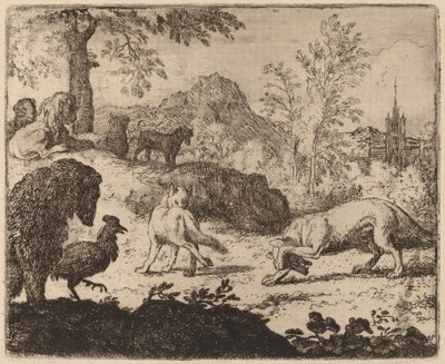 Reynard förblindar vargen i ett öga, förmodligen ca. 16451656. av Allart van Everdingen