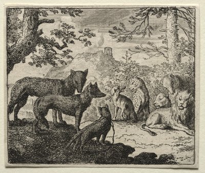 Reynard the Fox: The Relatives of Reynard lämnar domstolen. av Allart van Everdingen