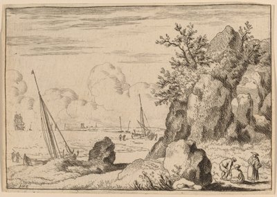 Havslandskap med tre figurer till höger, troligen ca. 16451656. av Allart van Everdingen