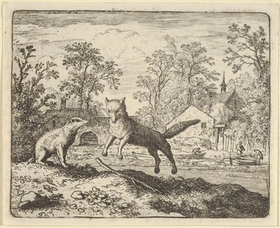Grävlingen ålägger som straff att hoppa tre gånger över en pinne på marken, 1650-75. av Allart van Everdingen