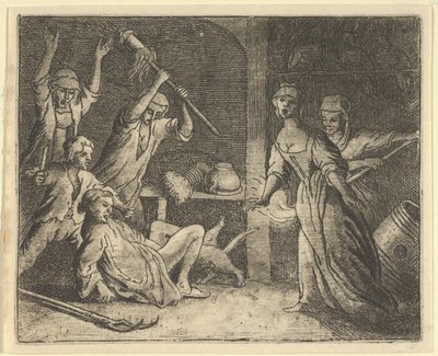 Katten, fångad i en snara, misshandlas av folket från huset, 1650-75. av Allart van Everdingen
