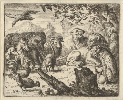 Lejonet tillkännager en varaktig fred för djuren som omger honom, 1650-75. av Allart van Everdingen