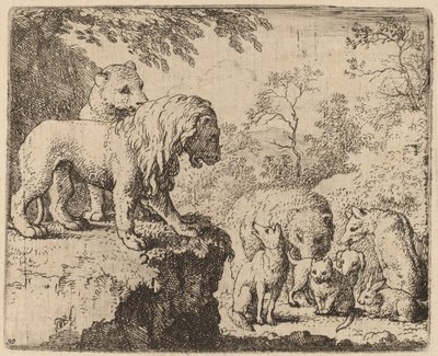 Lejonet benådar Reynard före de andra djuren, troligen ca. 16451656. av Allart van Everdingen