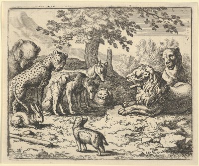 Lejonet tar de andra djurens råd för Renards straff, 1650-75. av Allart van Everdingen
