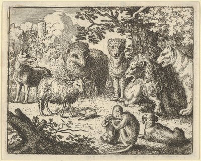 Apan öppnar paketet och tar bort kaninhuvudet till..., 1650-75s stora överraskning. av Allart van Everdingen