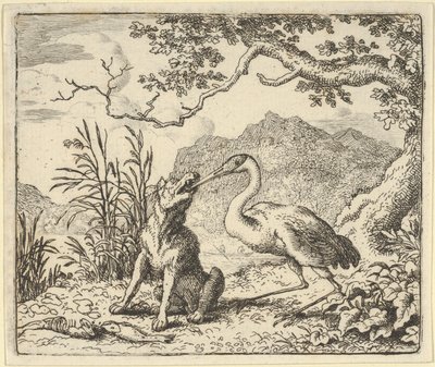 Storken tar bort ett ben från vargens hals från Hendrick van Alcmars Renard The F..., 1650-75. av Allart van Everdingen