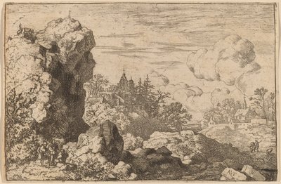 Tre resenärer vid foten av en hög klippa, förmodligen ca. 16451656. av Allart van Everdingen