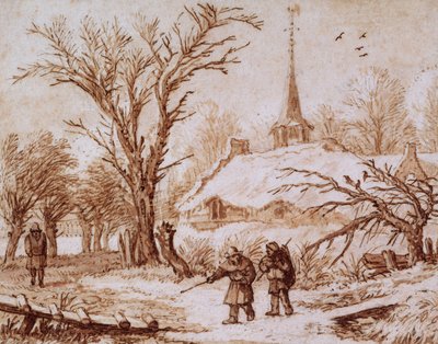 Resenärer på en väg nära en by på vintern (krita, penna, bläck och tvätt) av Allart van Everdingen