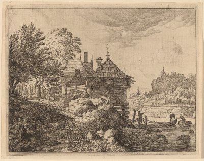 Två båtar närmar sig en hydda, förmodligen ca. 16451656. av Allart van Everdingen