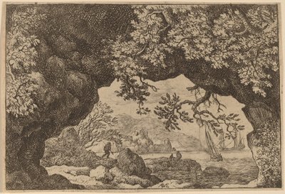 Utsikt genom en genomborrad sten, förmodligen ca. 16451656. av Allart van Everdingen