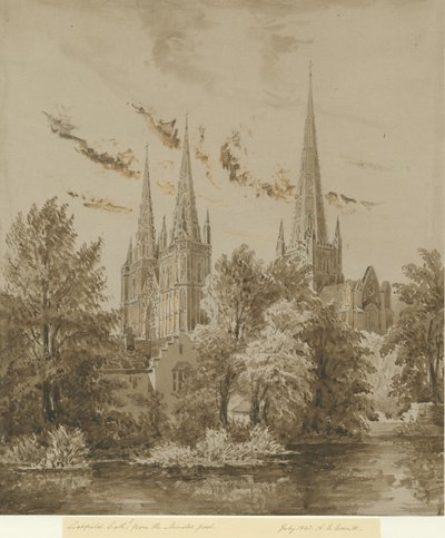 Lichfield Cathedral - South West View: sepiateckning, juli 1842 av Allen Edward Everitt