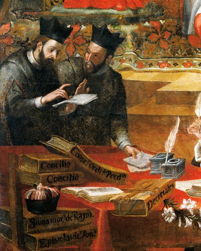Diskussion mellan två jesuiter, detalj från den helige Raymond av Penafort, rådgivare till påven Gregorius IX, av Alonso Antonio Villamor (1661-1729). Från St Stevens kloster, Salamanca, Spanien. av Alonso Antonio Villamor