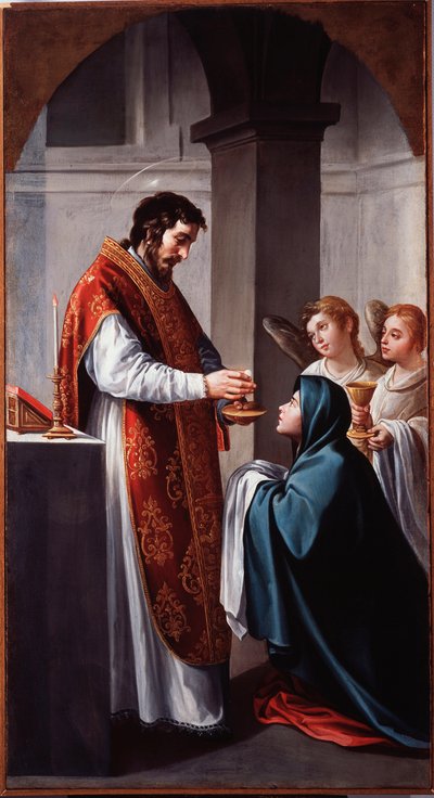 Jungfrun tar emot nattvarden av Johannes Döparen Målning av Alonso Cano (1601-1667) 1600-talsgener, Musei di Strada Nuova (ex Palazzo Bianco) av Alonso Cano