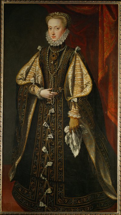 Ärkehertiginnan Anna av Österrike, drottning av Spanien Vid 21 års ålder blev hon den fjärde hustrun till sin farbror, kung Filip II ... (målning på duk) av Alonso Sánchez Coello