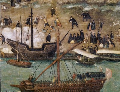 Staden Sevilla, detaljer om hamnen (målning, slutet av 1500-talet) av Alonso Sánchez Coello