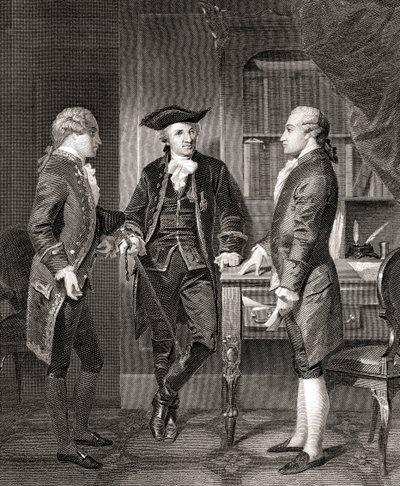 Johann Henry Jules Alexandre von Robaii, Baron de Kalb introducerar Lafayette till Silas Deane, från Life and Times of Washington, volym 1, pub. år 1857 av Alonzo (after) Chappel