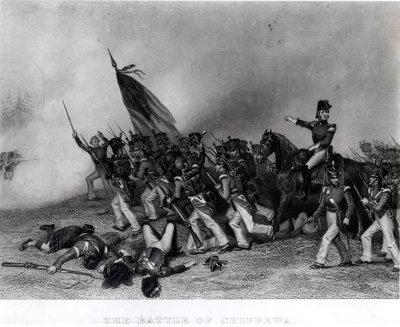 Slaget vid Chippewa, general Scott beordrar laddningen av McNeils bataljon, 5 juli 1814, graverad av Johnson, Fry und Co. (gravyr) (bundw foto) av Alonzo Chappel