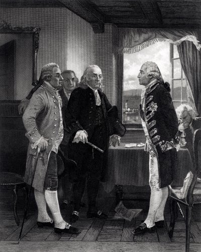 Fredskonferensen på Staten Island, intervju mellan Lord Howe och kongresskommittén, 11 september 1776 av Alonzo Chappel