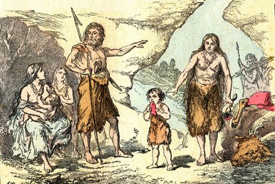 En familj vid renarnas tidevarv (Prehistoire): Naturligt skapande och levande varelser. Ritning A. Demarle. 1885 av Alphonse Demarle