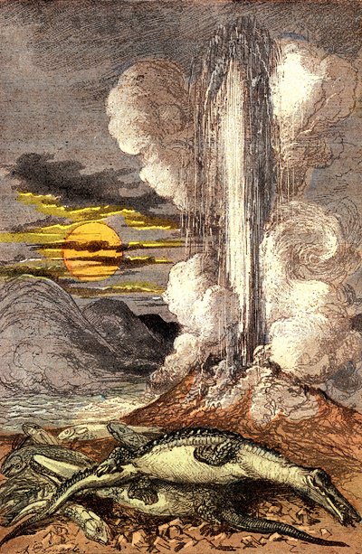 Giftiga utbrott av termiska vatten under triasperioden. Skapande och levande varelser (av Jules Renegade). Teckning av A. Demarle. 1885 av Alphonse Demarle