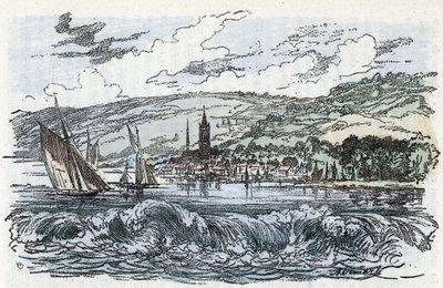 Vy över Seines tidvattenlopp till Caudebec-en-Caux (Caudebec en Caux) i Seine Maritime, Normandie (tidvattenloppet i Seine-floden a Caudebec en Caux, Normandie) Gravyr från "" La nature et l